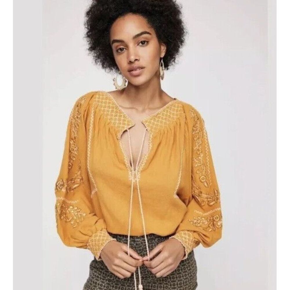 Free People Notting Hill Embroidered Peasant Top Sz S - Mustard Yellow $168